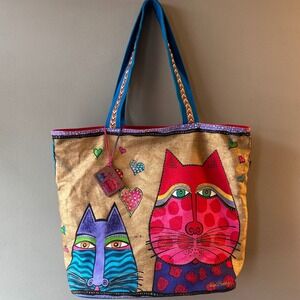 Laurel Burch Canvas Tote Bag Gold Whimsical Cat Art Hearts Zipper Shoulder Bag